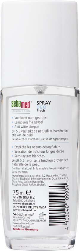 Sebamed Fresh Deo Spray 75ml. Beschrijving: Voorkomt geurtjes, langdurig fris, zonder aluminiumzouten, pH 5.5.