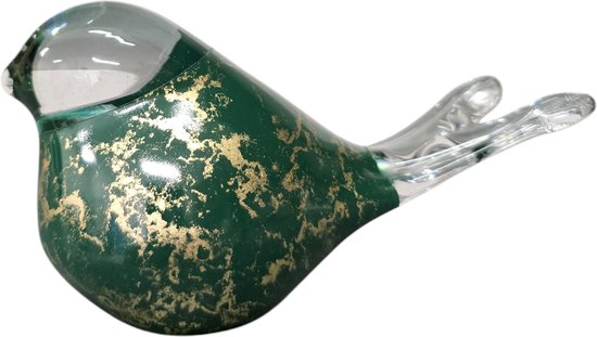 Groene glazen vogelurn met gouden spetters, zittend.