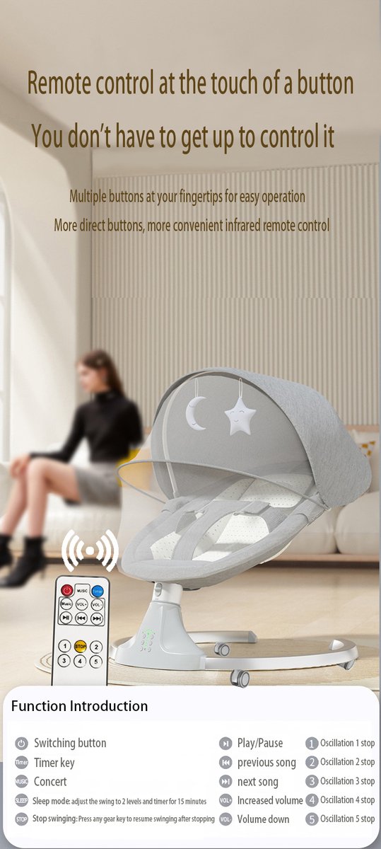 Seastone - Wipstoel Elektrisch - Babyschommel - Schommelstoel - Baby Swing - Afstandsbediening thumbnail 2