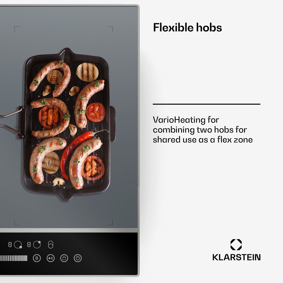 Klarstein DualTone Hybride inductiekookplaat - 4-zones inductiekookplaat, 7200 W, Flex-zone & booster, Schuifregelaar, Timer, Warmhoudfunctie, Aluminium frame, Zilver, 60 cm design