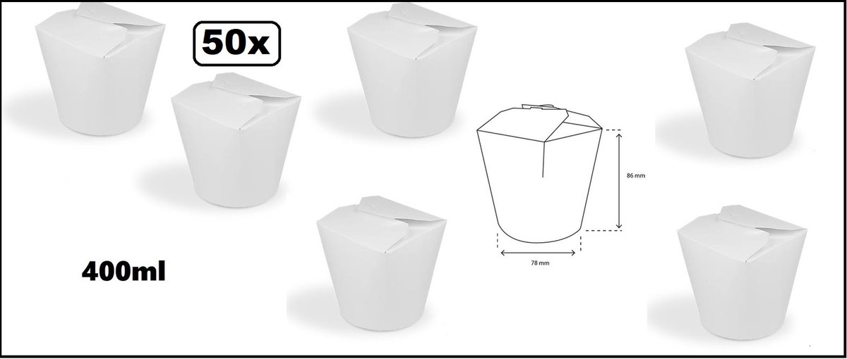 50x Wok to Go beker 400ml wit - hoogte 86mm - Oosters noodle nasi bami mihoen