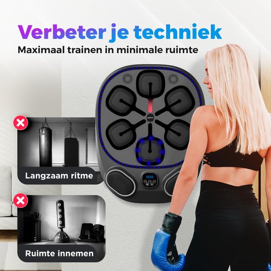 Vrouw met bokshandschoenen traint met de Gatson Pro Boksmachine. Verbeter je techniek maximaal in minimale ruimte.