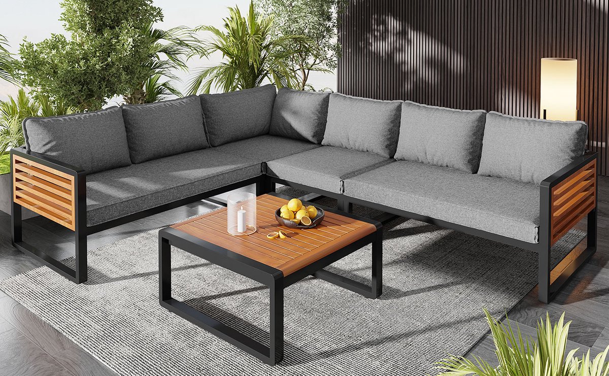 5-6 persoons Tuinset met verzinkt ijzeren frame, modern buitenbankje met houten armleuningen – foto 6