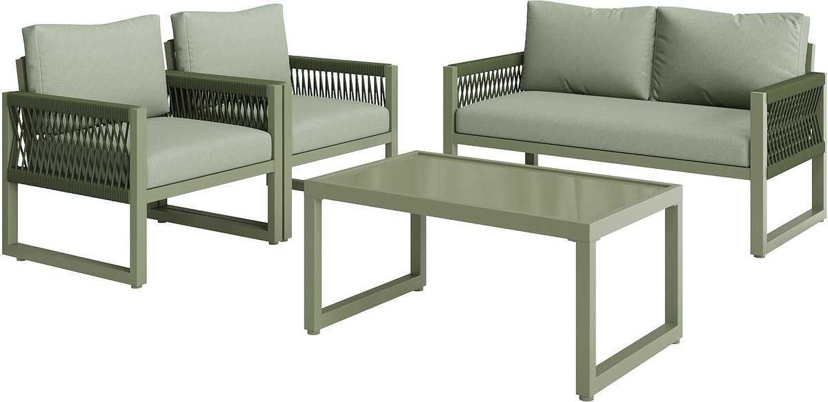 4-delige Tuinset met verzinkt ijzeren frame, groene touw loungeset met kussens, verstelbare poten, glazen tafelblad