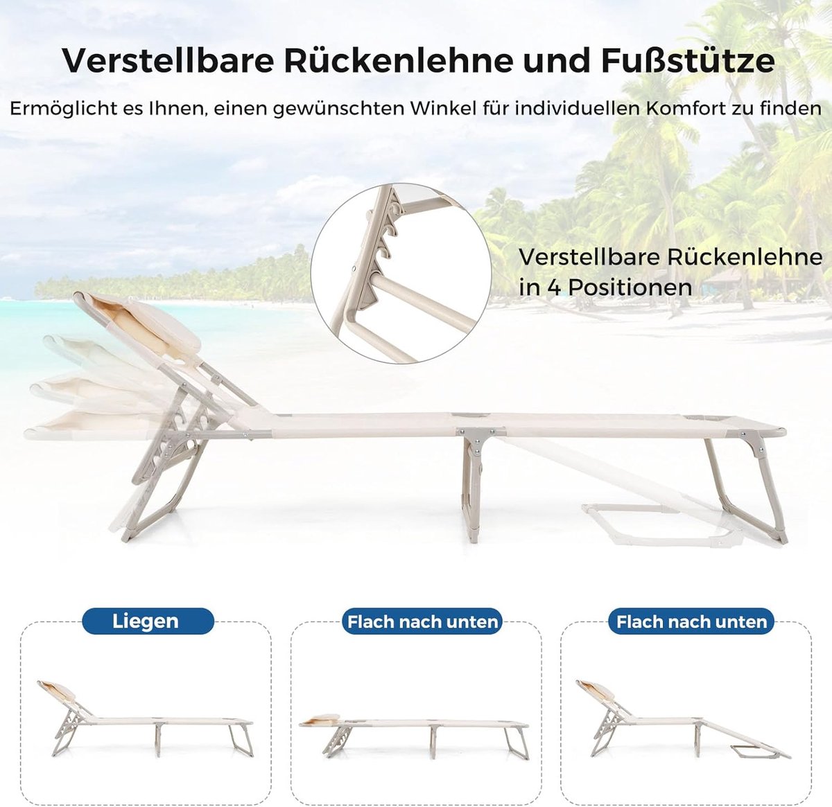 COSTWAY Ligstoel met gat voor hoofd en armen, opvouwbare ligstoel met verstelbare rugleuning en voeteneinde, afneembaar kussen, zijzak, ligstoel voor strand, tuin, balkon, zwart