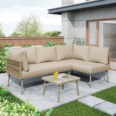 Bol.com L-vormige Tuinset met verzinkt ijzeren frame grijze touw loungeset met kussens verstelbare poten 2 banken en 1 tafel aanbieding