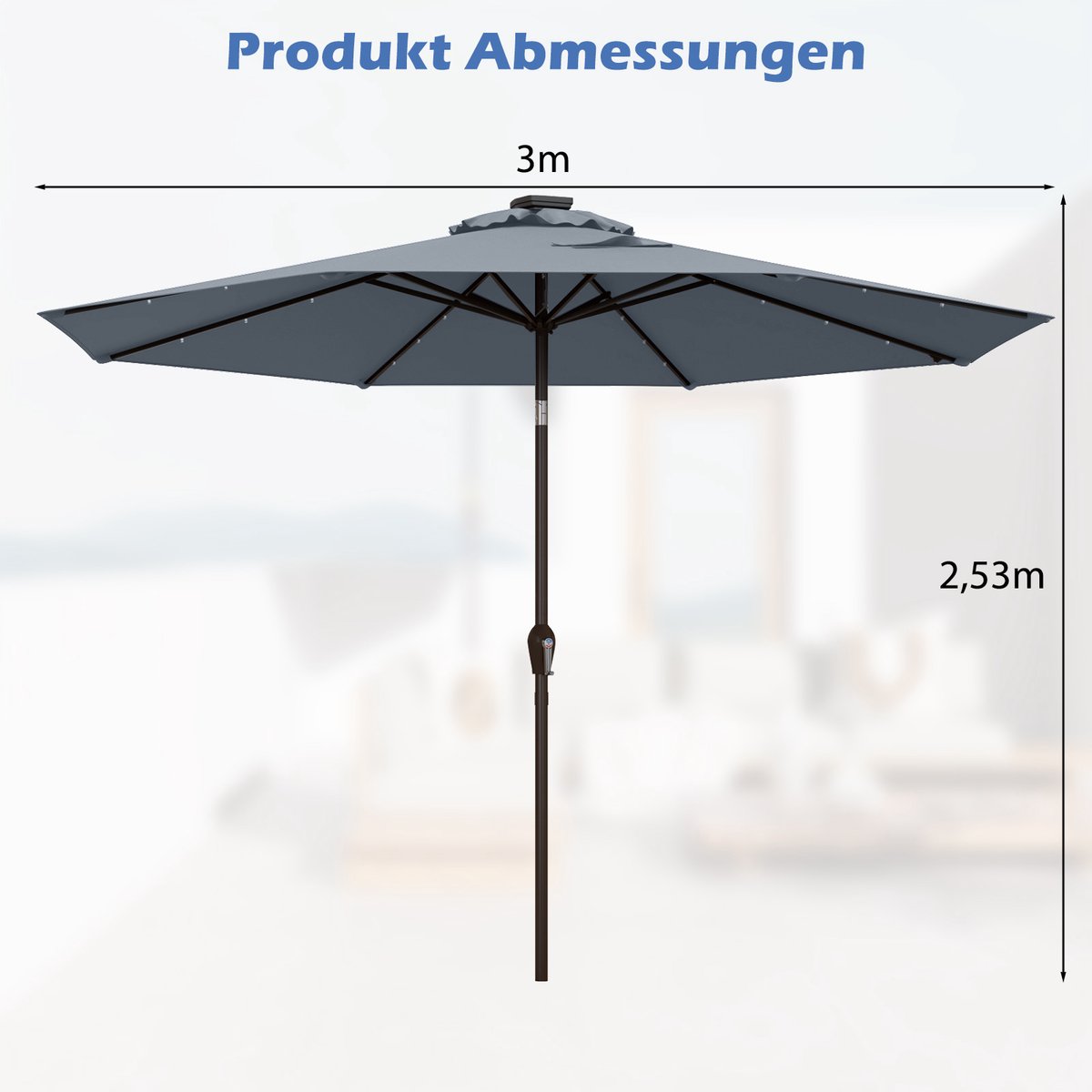 COSTWAY Parasol 300 cm met led-verlichting, parasolvoet niet inbegrepen, tuinparasol met zwengel, aan beide zijden 30° knikbaar, terrasparasol met 8 ribben, marktscherm voor tuin, balkon (grijs) – foto 3