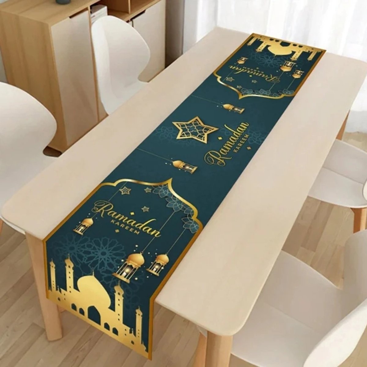 Without Lemon - Eid Mubarak Tafelloper - Tafelkleed - Decoratie - Feest - Ramadan - Suikerfeest - Versiering - 33x183cm - Groen - Versie: C