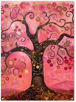 Tuinposter 90x120 cm - Tuindecoratie Boom - Levensboom - Roze - Goud - Poster voor in de tuin - Buiten decoratie - Schutting tuinschilderij - Tuindoek muurdecoratie - Wanddecoratie balkondoek