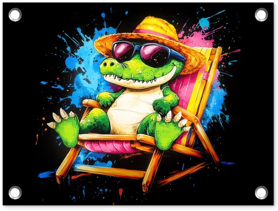 Tuinposter 40x30 cm - Tuindecoratie Graffiti - Zomer - Krokodil – Grappig - Poster voor in de tuin - Buiten decoratie - Schutting tuinschilderij - Tuindoek muurdecoratie - Wanddecoratie balkondoek