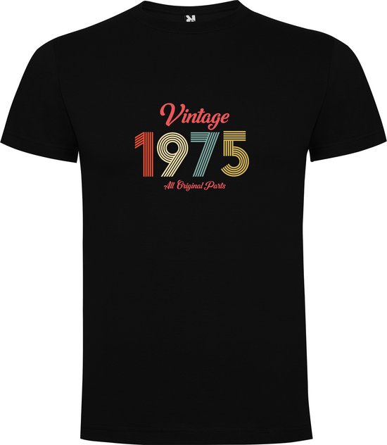 Zwart T-Shirt met Kleurrijke print “ Vintage 1975 All Original Parts – 1975 Originele onderdelen – Humor – Leeftijd – Retro “ Print Full Color Maat L