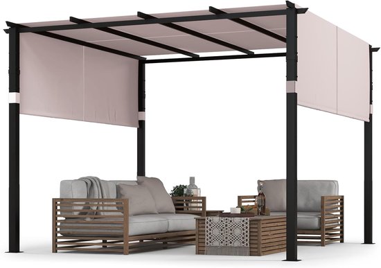 Grijze pergola met uitschuifbare daken, met een grijze loungebank en fauteuils.