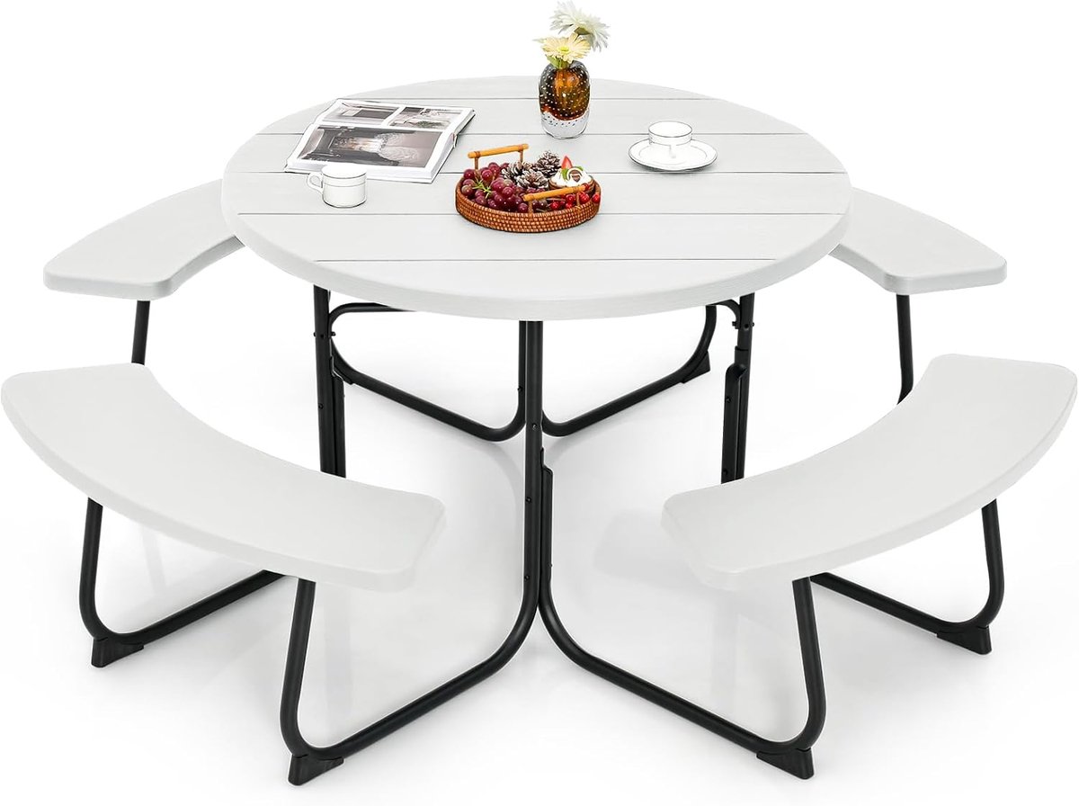 COSTWAY Zitgarnituur voor 8 personen, picknicktafel met parasolgat en 4 banken, ronde tuintafel, tuingarnituur, tuinmeubelen, zitgroep voor tuin, terras (wit)