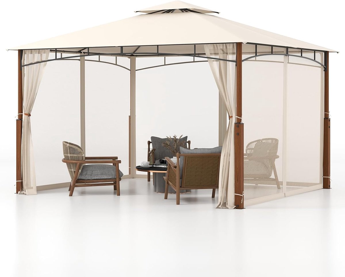 COSTWAY 3,6 x 3 m paviljoen met dubbel dak en muggennet, waterdicht, stabiel, winterbestendig, partytent, tuinpaviljoen voor terras, tuin, achtertuin