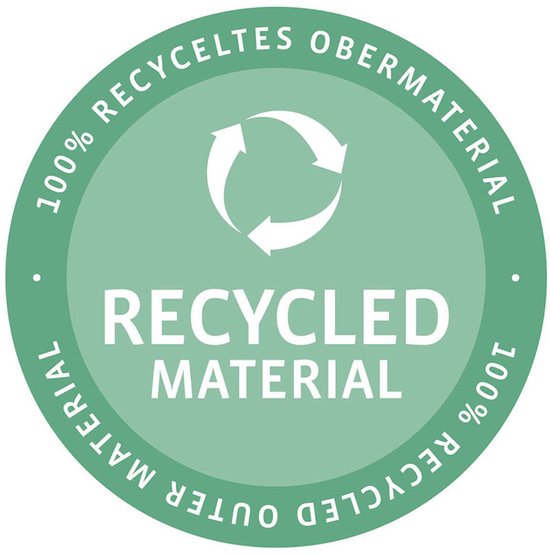 Groen rond icoon met pijlen en tekst 'RECYCLED MATERIAL' en '100% RECYCLED OUTER MATERIAL'.