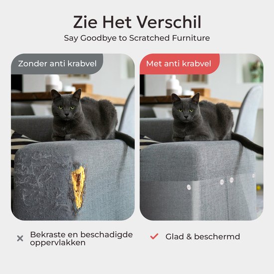 Vergelijking van een bank: links beschadigd door krassen, rechts beschermd met een anti-krab vel. Een grijze kat zit op de bank. Tekst: 'Zie Het Verschil'.
