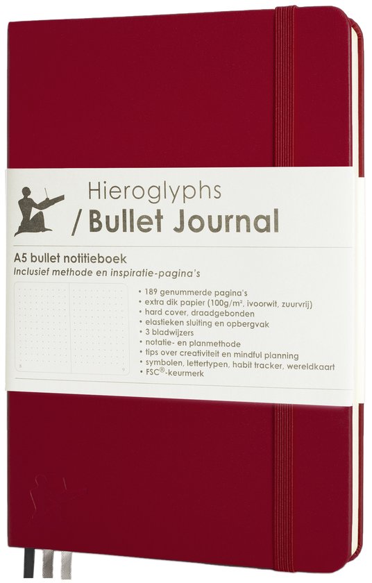 Foto: Hieroglyphs bullet journal a5 notitieboek 100 grams papier hardcover notebook dotted met handleiding en inspiratie nederlands scharlaken rood