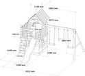Technische tekening van een houten speeltoestel met glijbaan, schommels en klimwand, met afmetingen.