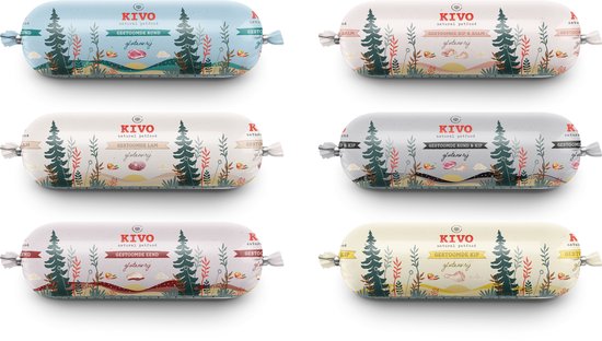 Kivo Petfood Houdbare Worsten MIXDOOS 12 x 600 gram smaken: Rund, Kip, Rund & Kip, Kip & Zalm, Eend en Lam - Zacht gestoomd vlees - Glutenvrij geen fratsen