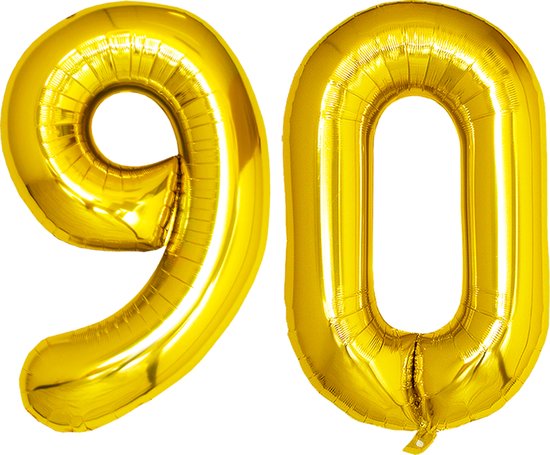 Gouden ballon in de vorm van het cijfer 90. De ballon is van folie.