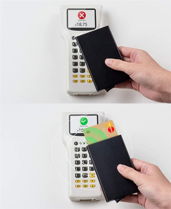 Deux images d'un porte-cartes noir utilisé à un terminal de paiement.