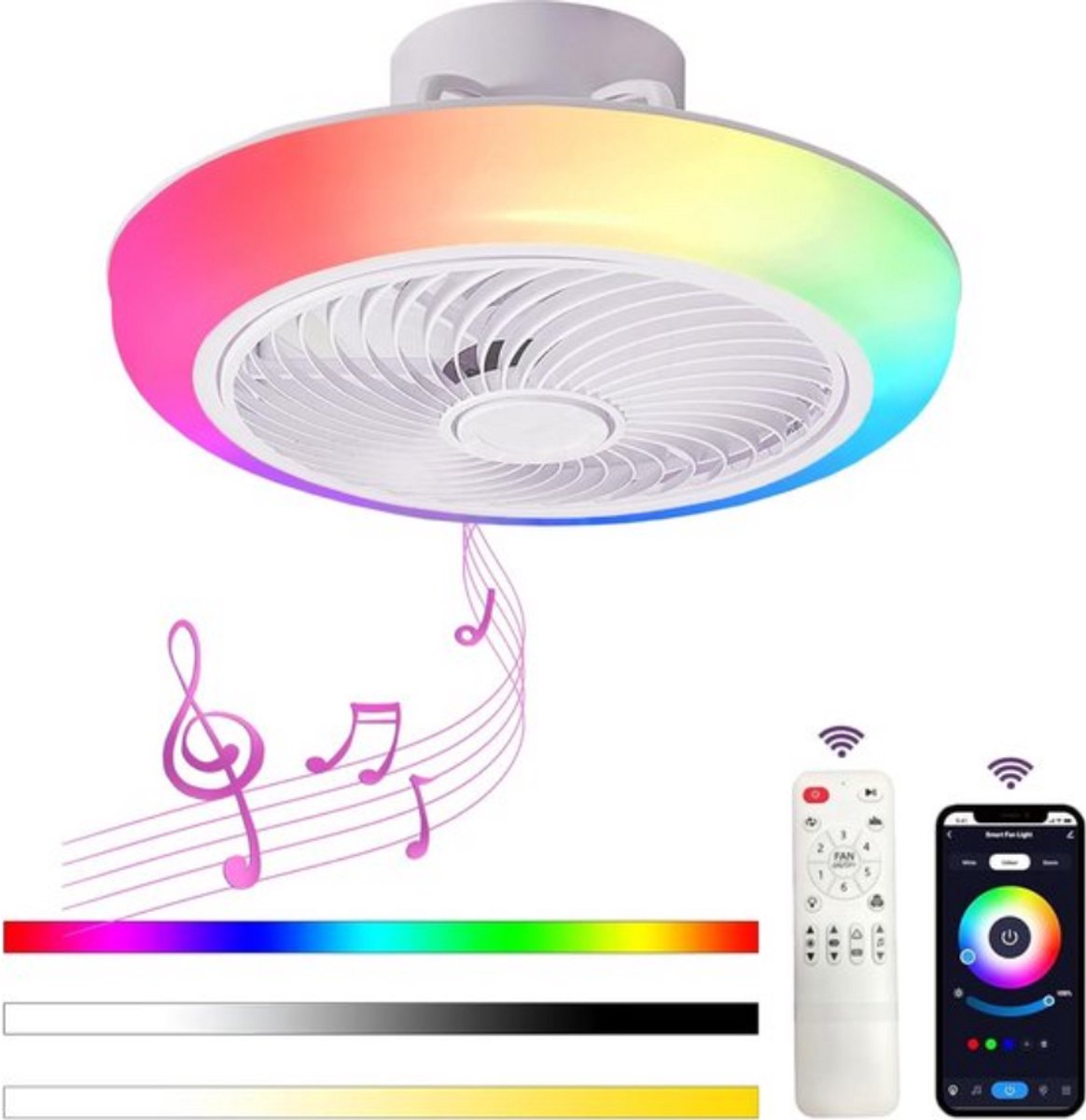 RGB Ventilator - Smart Lamp - Bluetooth Luidspreker - Dimbaar Met Afstandsbediening En App - Met Speaker - Plafondventilator - 46 cm - Woonkamerlamp - Moderne lamp