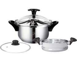 Royal Swiss® Snelkookpan – 4 Liter – RVS – stoommandje en Glazen Deksel – Pressure Cooker voor Alle Warmtebronnen