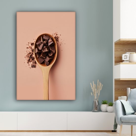Canvas schilderij 80x120 cm - Exclusieve wanddecoratie Chocola - Hout - Lepel - Muurdecoratie woonkamer - Slaapkamer decoratie - Kamer accessoires - Schilderijen op canvas