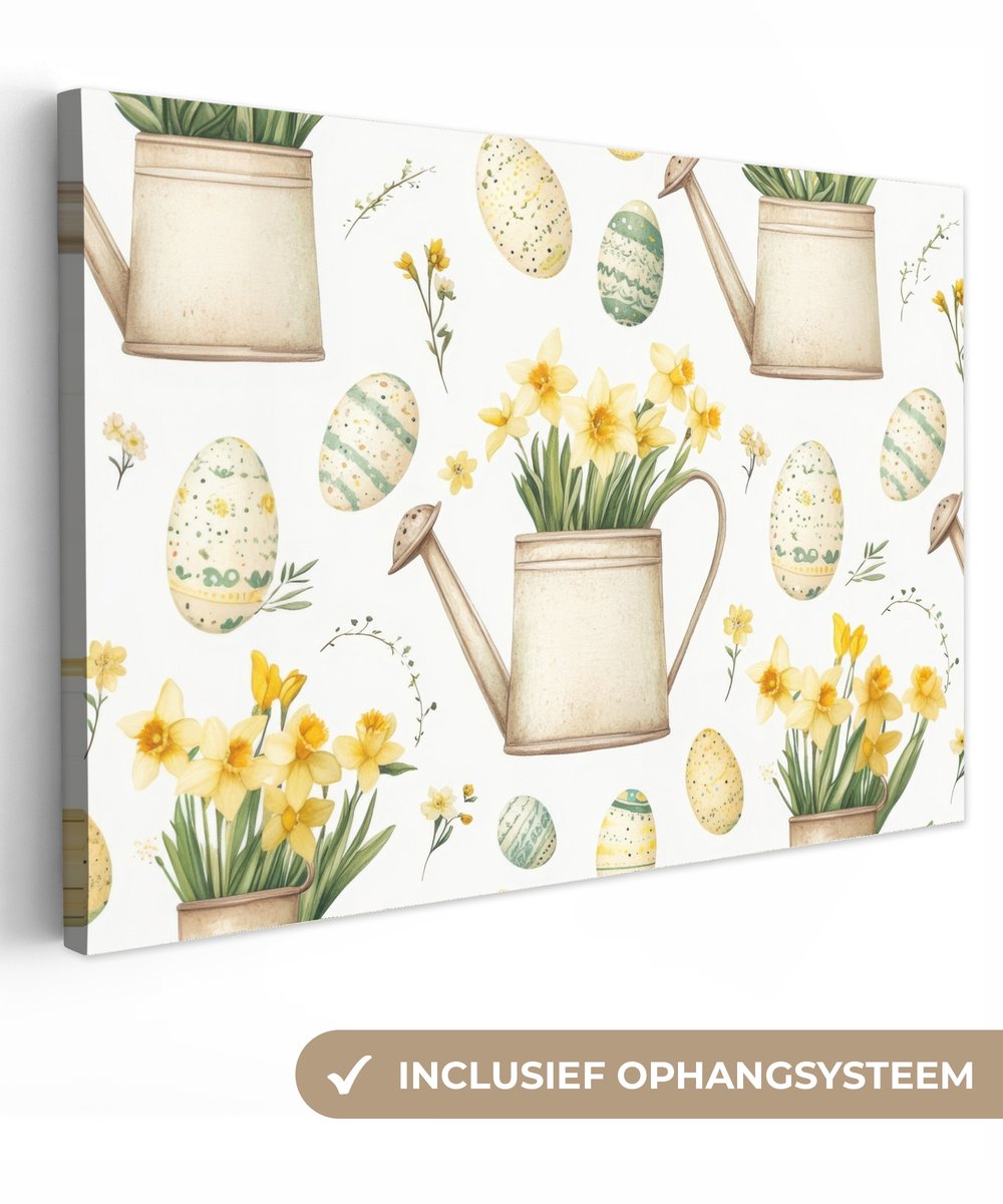 Canvas schilderij 30x20 cm - Exclusieve wanddecoratie Gieter - Bloemen - Eieren - Muurdeco