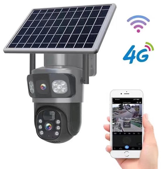 4G Solar Pro – Caméra de sécurité extérieure avancée à 360° avec double objectif, microphone, fonction conversation, alarme, énergie solaire et connectivité 4G