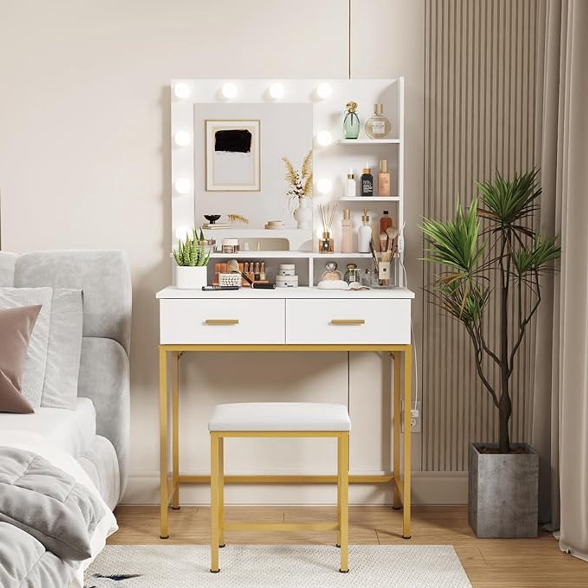Lifewit Stijlvolle Witte Kaptafel en Luxe Make up Tafel - Eenvoudige Montage, Verstelbare LED Verlichting en Ruime Opbergruimte! - Creëer Jouw Perfecte Make-up Hoekje