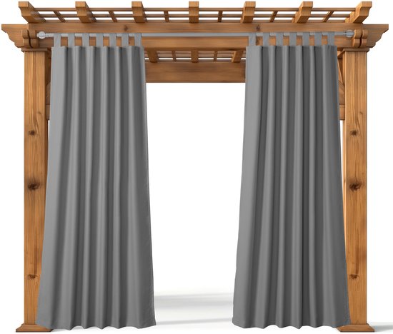 PONY DANCE Buitengordijnen, zonwering, waterdicht gordijn met lussen, set van 2, 243 x 132 cm (h x b), balkongordijn met klittenbandsluiting, outdoor gordijnen voor terras en paviljoen, grijs
