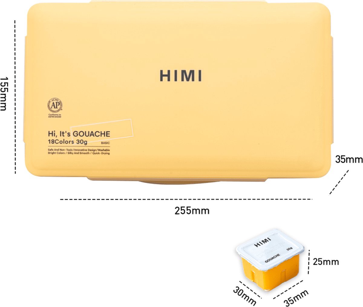 HIMI - Gouache - set van 18 kleuren - 30gr - 3 penselen - Geel — afbeelding 3