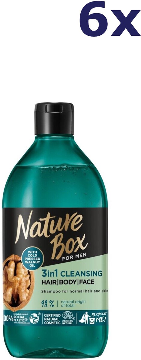 6x Nature Box for men walnut oil 3 in 1 cleansing shampoo 385ML