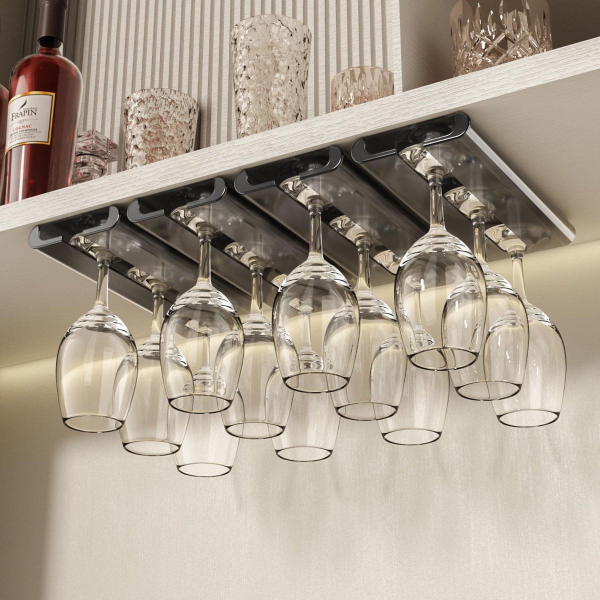 TheLau ® Stijlvolle Grijze Wijnglashouder Set voor Keuken en Bar Zonder Boren, 4 Stuks