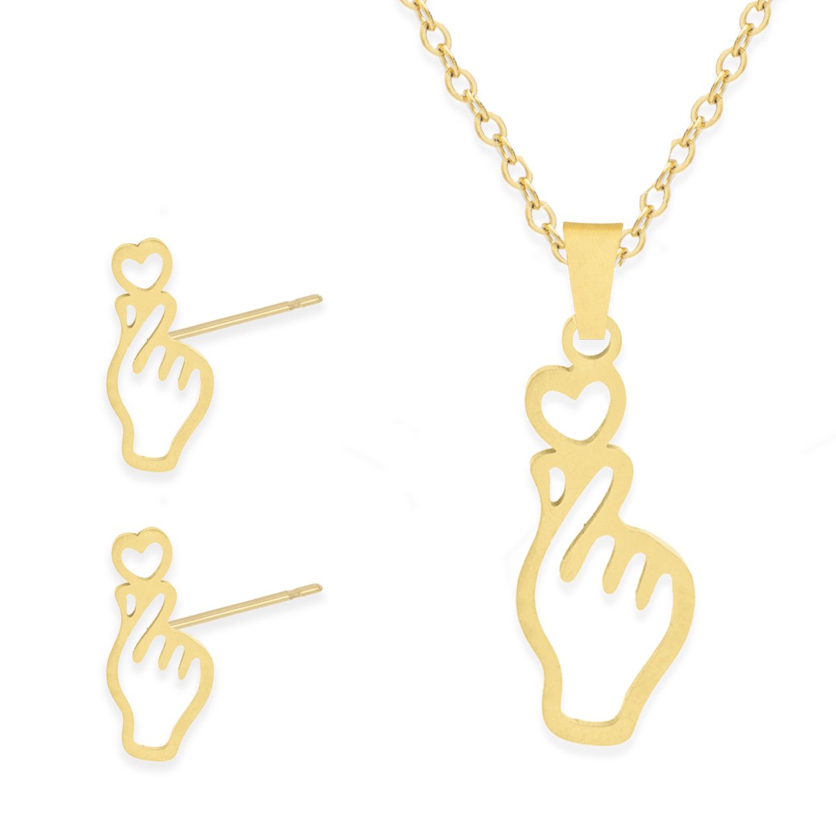 Cadeau Ketting & Oorbellen set met Kpop Vinger Hart - Roestvrij Staal - Goudkleurig - Cadeau Sieraad op Kaartje - Pax Amare