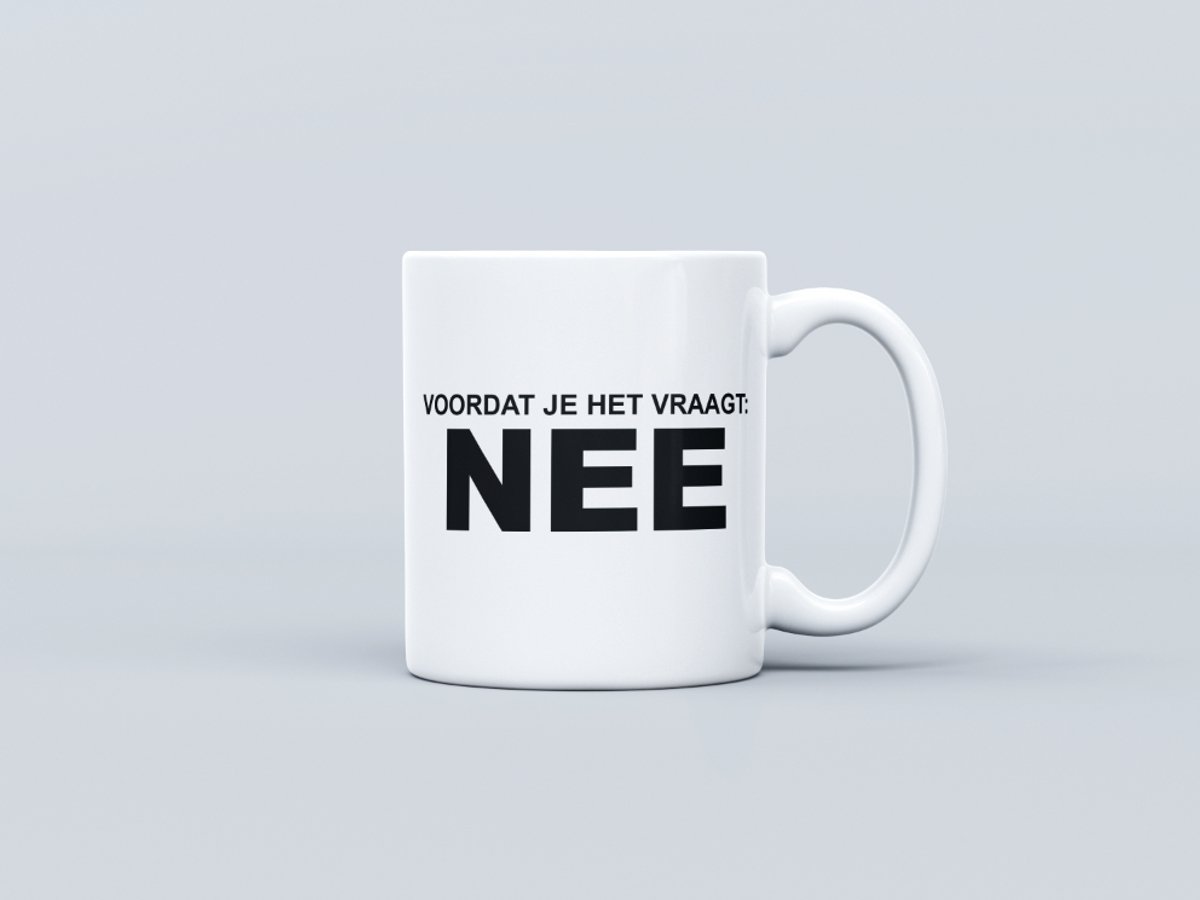 Voordat je het vraagt NEE collega koffiemok / theemok - wit - het antwoord is nee / kantoorhumor - grappige cadeau mok / beker
