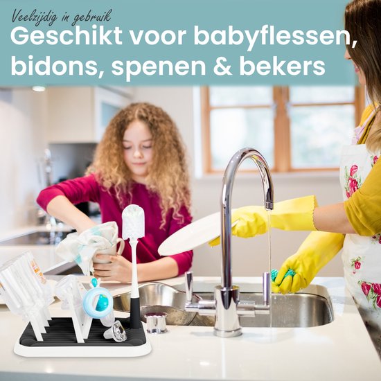 Nevi Afdruiprek met flessenborstel - Afdruipmat voor 10 Flessen - Flessendrager - Opvouwbaar - Zwart van Nevi — afbeelding 2