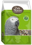 Groene verpakking met een grijze papegaai, 'Deli Nature Premium Papegaaien'.