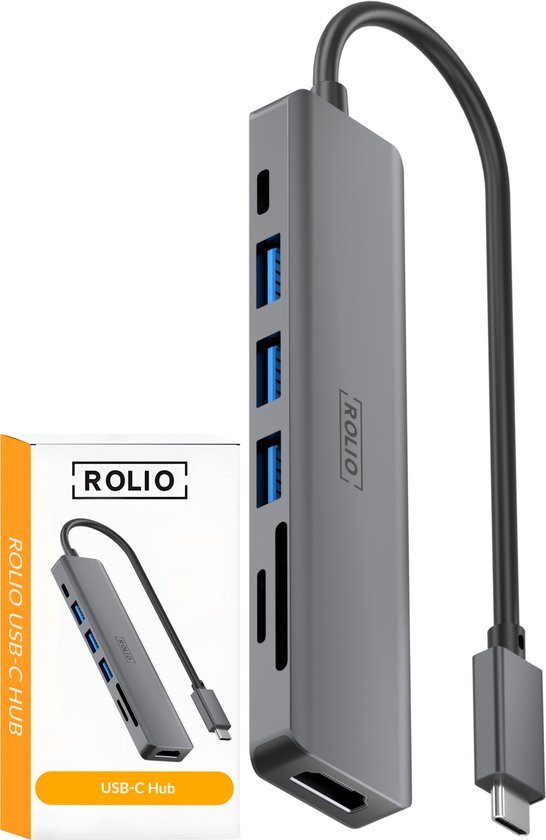 Rolio USB C Hub - 1x HDMI 4K - 1x USB-C - 3x USB-A - 2x Kaartlezer - USB Splitter - Geschikt voor Macbook Pro / Air / Windows / Universeel
