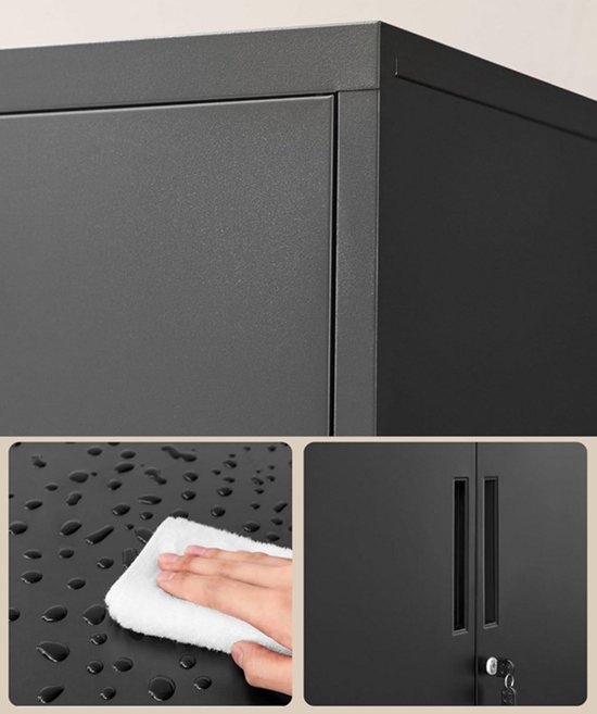 Detailopname van de zwarte metalen kast, met close-up van de textuur en een hand die schoonmaakt.