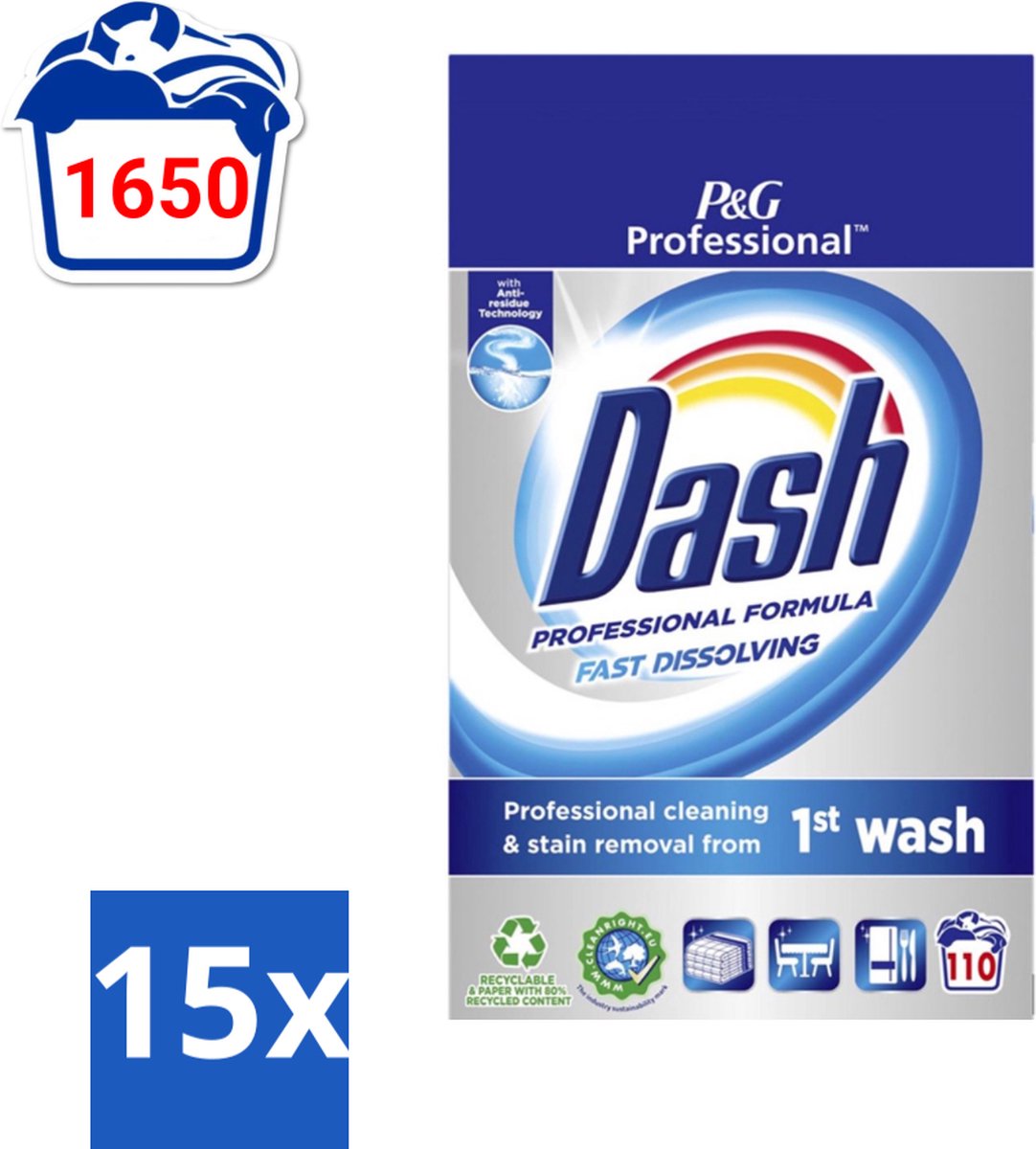 Dash Professional - Snel Oplossend Waspoeder - Witte en Gekleurde Was - 110 Wasbeurten - Bulkverpakking - 15 stuks