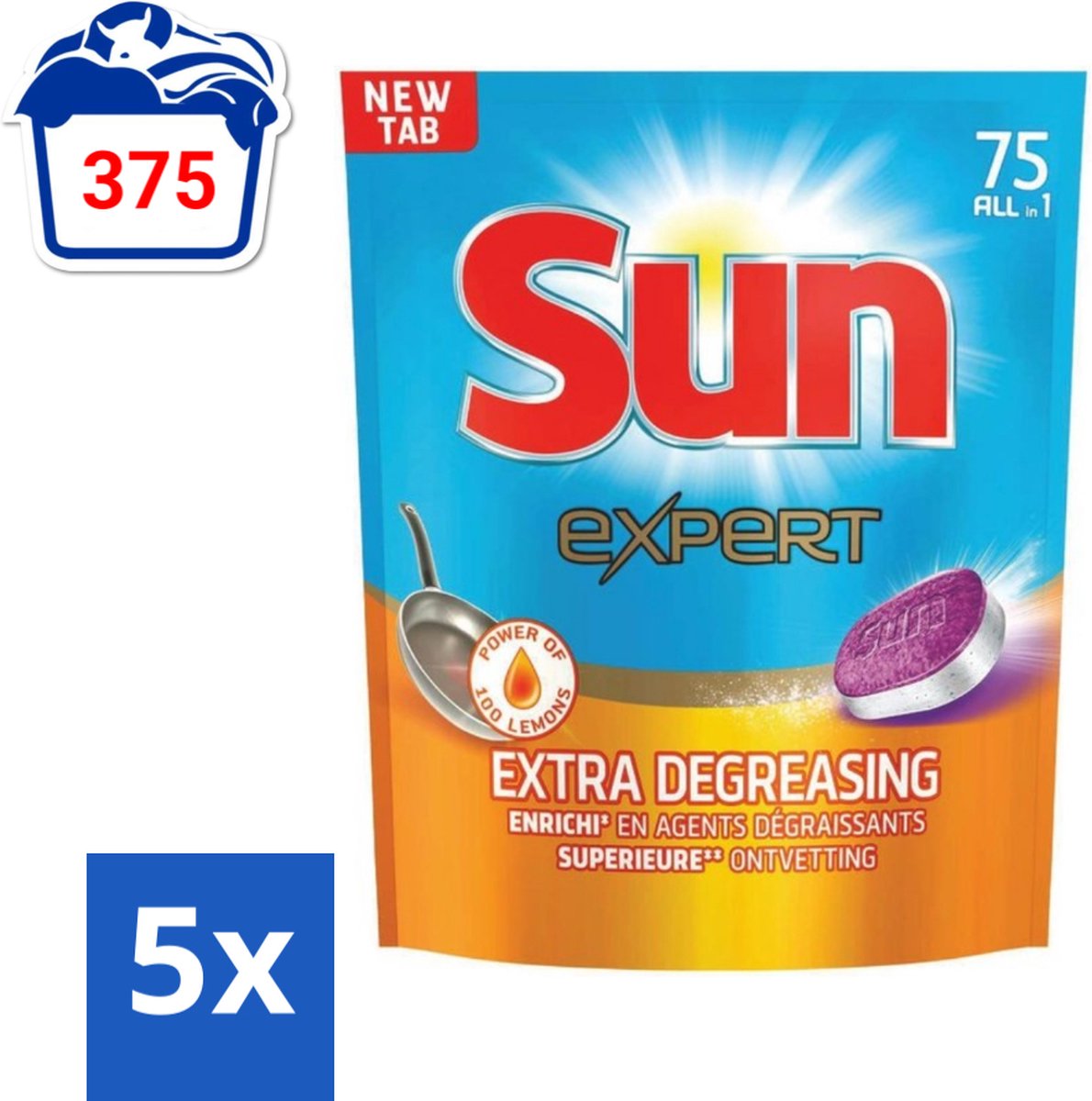 5 x Sun Expert - All-in-1 - Vaatwastabletten - Extra Ontvettend - 75 Tabletten - Voordeelverpakking - 5 stuks