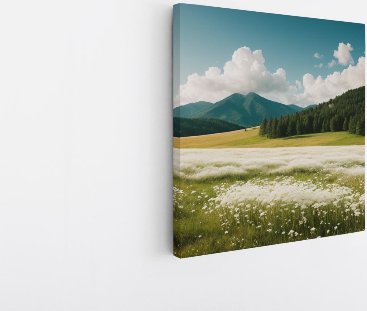 Saammp Canvas Schilderij - Landschap - Witte bloemenveld met naaldbomen - Natuur - 60x60 - Foto op canvas - Wanddecoratie - Muurdecoratie Woonkamer - Slaapkamer decoratie - Canvas Print Multicolor