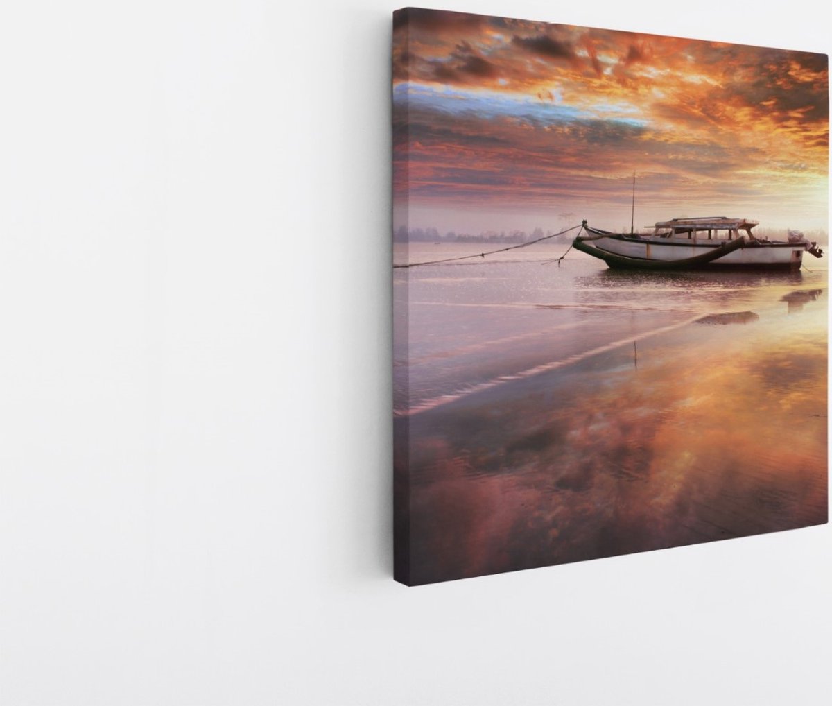 Saammp Canvas Schilderij - Boot in zonsondergang - Abstract - 100x100 - Foto op canvas - Wanddecoratie - Muurdecoratie Woonkamer - Slaapkamer decoratie - Canvas Print Multicolor