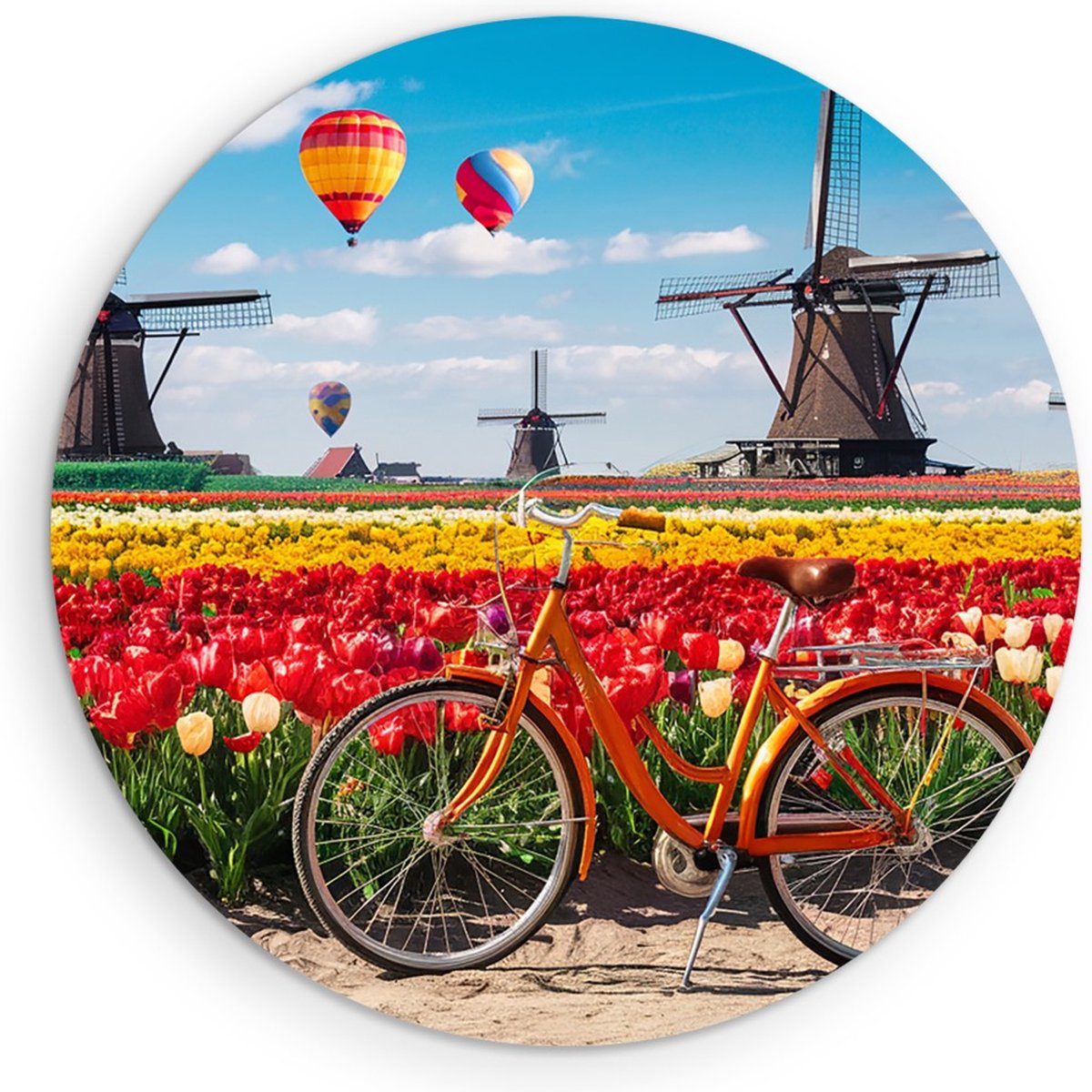 Saammp Muurcirkel Hout - Fiets - Molens met Tulpenvelden - Natuur - Ø 80 - Wandcirkel - Wanddecoratie Cirkel - Muurdecoratie Woonkamer - Slaapkamer decoratie - Rond Schilderij