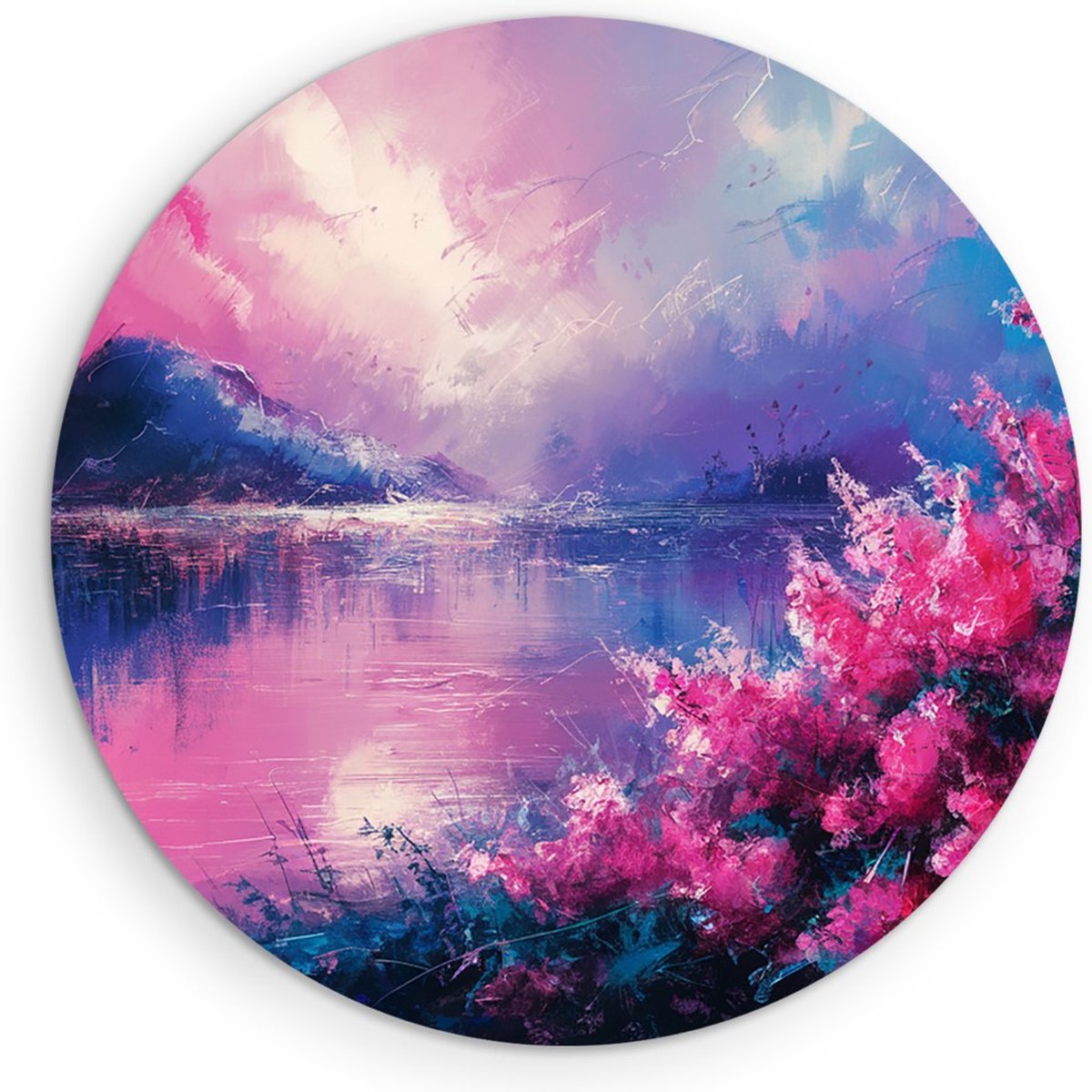 Saammp Muurcirkel Hout - Roze Landschap - Natuur - Ø 90 - Wandcirkel - Wanddecoratie Cirkel - Muurdecoratie Woonkamer - Slaapkamer decoratie - Rond Schilderij