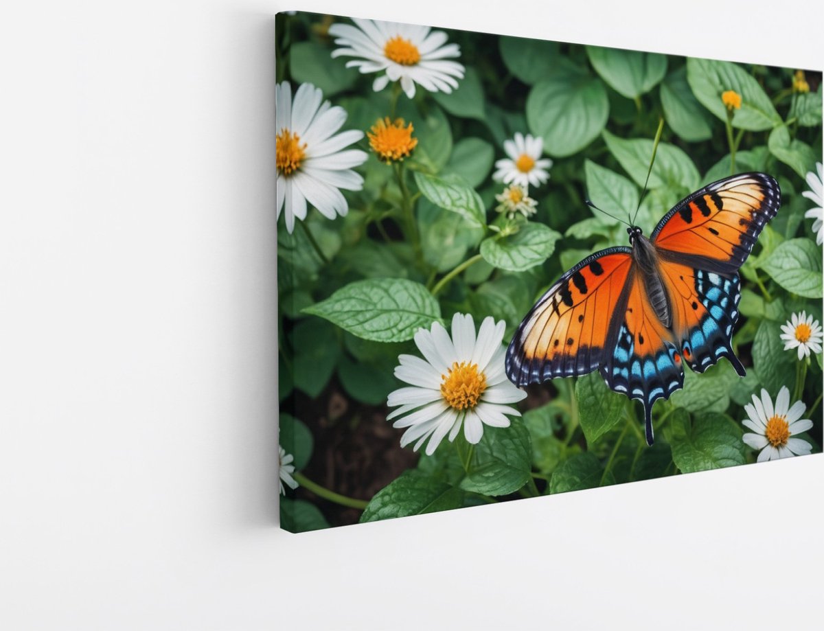 Saammp Canvas Schilderij -Vlinder bij bloem - Dieren - Natuur - 60x40 - Foto op canvas - Wanddecoratie - muurdecoratie Woonkamer - Slaapkamer decoratie - Canvas Print Multicolor