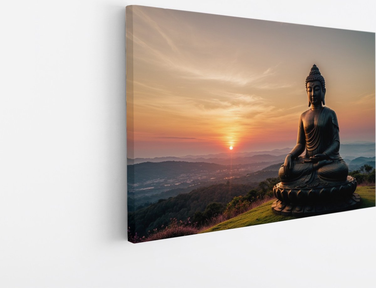 Saammp Canvas Schilderij - Boeddha bij mooie Zonsondergang - Landschap - 60x40 - Foto op canvas - Wanddecoratie - Muurdecoratie Woonkamer - Canvas schilderijen Multicolor