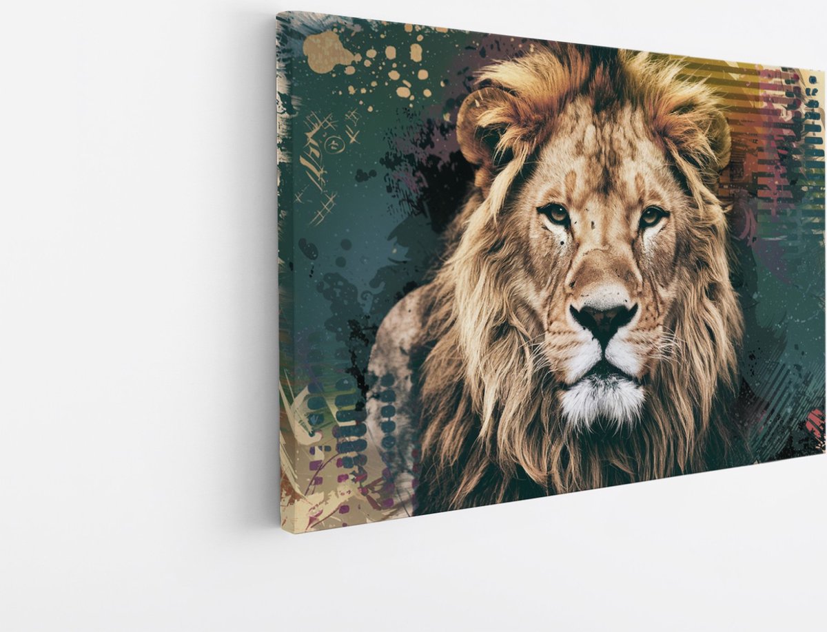 Saammp Canvas Schilderij - Abstracte Kleurrijke Leeuw - Dieren - Natuur - 60x40 - Foto op canvas - Wanddecoratie - Muurdecoratie Woonkamer - Slaapkamer decoratie - Canvas Print Multicolor